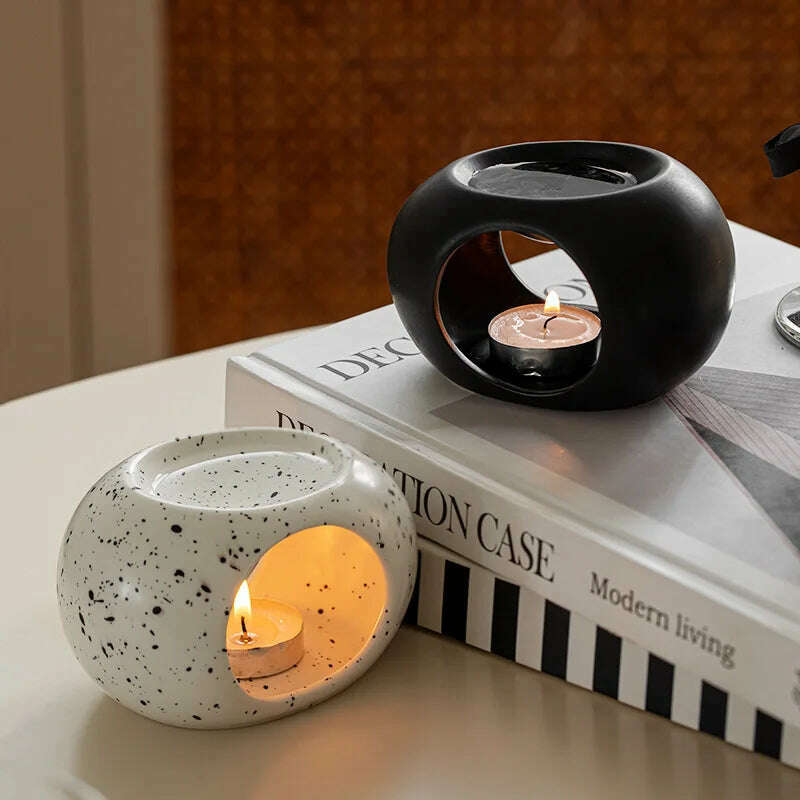 Simple Black Candle Heating Holder Ceramics Essential Oil Reed Diffuser Furnace Household Spa Aromatherapy Incense Burner - KIMLUD