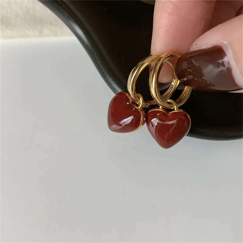 KIMLUD, Simple Design Wine Red Love Heart Dangle Earrings For Women Gold Color Circle Vintage Peach Drop Earring Can Be Separated N513, One Pair, KIMLUD APPAREL - Womens Clothes