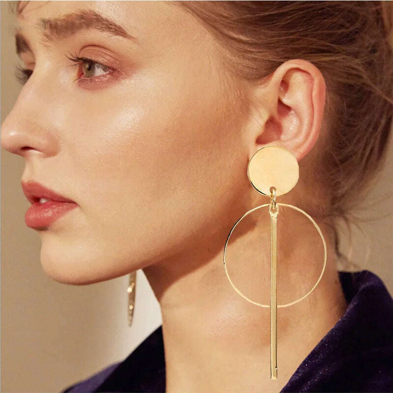 KIMLUD, Simple fashion gold color Silver plated geometric Long Circle earrings for women fashion big hollow drop earrings jewelry, KIMLUD Womens Clothes