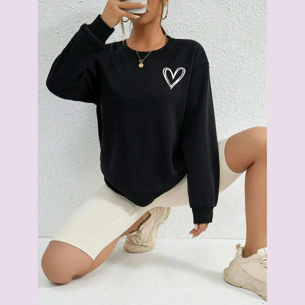 KIMLUD, Simple Heart Pattern Printing Sweatshirts For Womens Casual Comfortable Crewneck Hoodies Loose Fleece Warm Sportswear Clothes, black / XXL, KIMLUD APPAREL - Womens Clothes