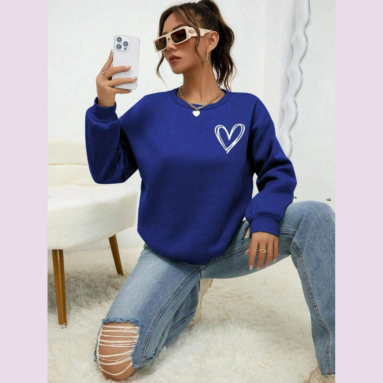 KIMLUD, Simple Heart Pattern Printing Sweatshirts For Womens Casual Comfortable Crewneck Hoodies Loose Fleece Warm Sportswear Clothes, blue / S, KIMLUD APPAREL - Womens Clothes