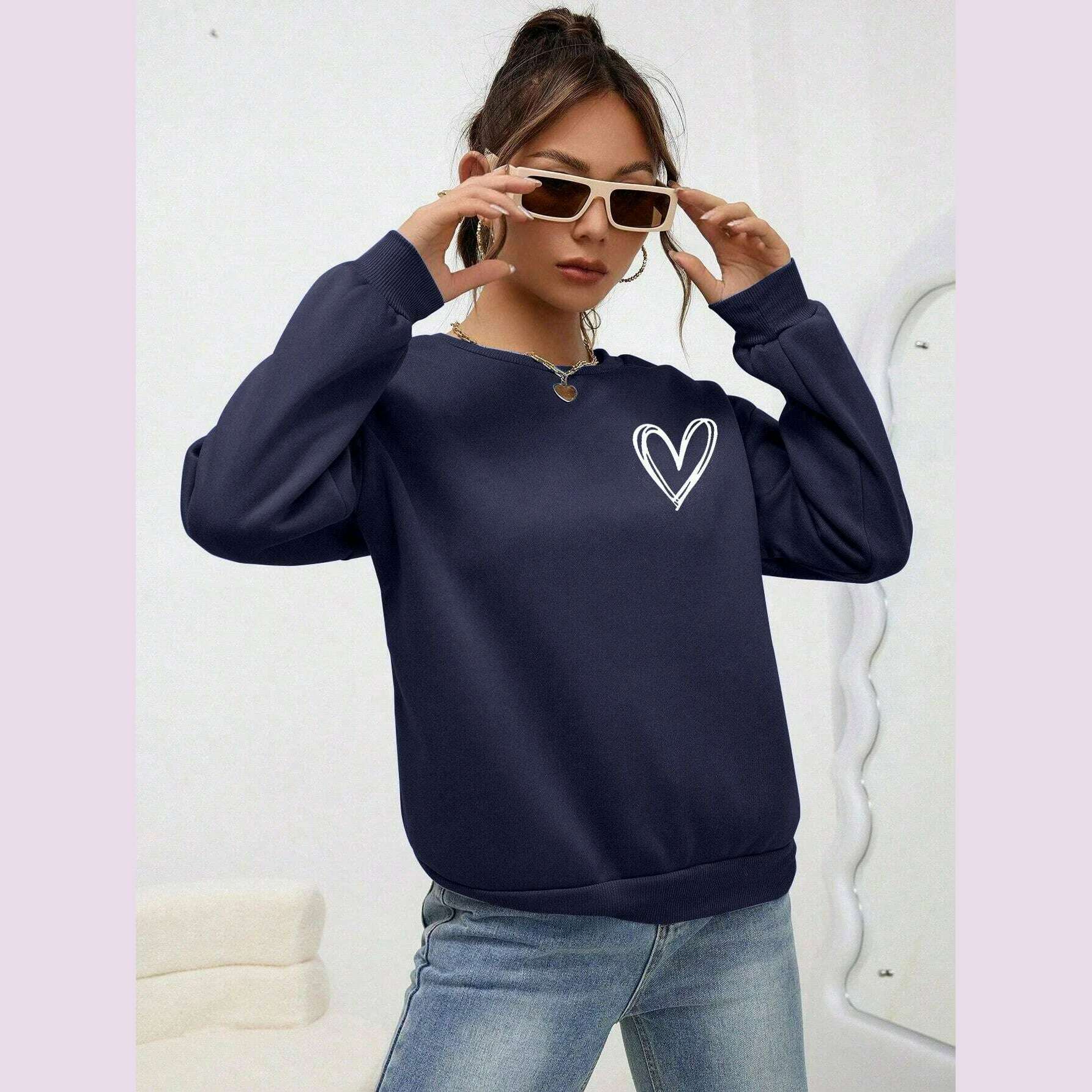 KIMLUD, Simple Heart Pattern Printing Sweatshirts For Womens Casual Comfortable Crewneck Hoodies Loose Fleece Warm Sportswear Clothes, Dark Blue / XXL, KIMLUD APPAREL - Womens Clothes