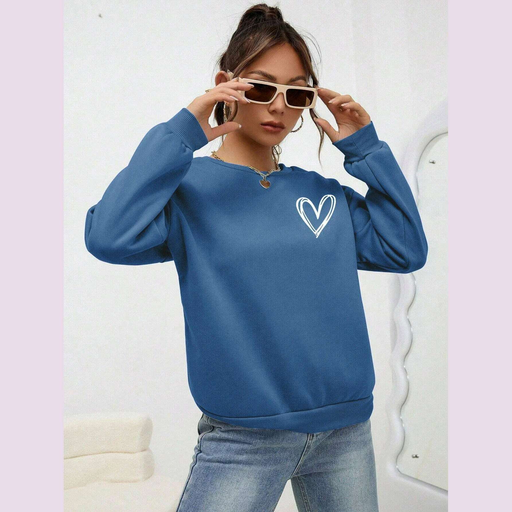 KIMLUD, Simple Heart Pattern Printing Sweatshirts For Womens Casual Comfortable Crewneck Hoodies Loose Fleece Warm Sportswear Clothes, Haze Blue / M, KIMLUD APPAREL - Womens Clothes