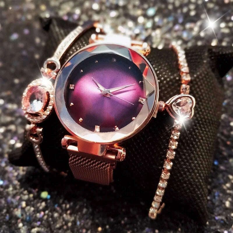 KIMLUD, Simple Ladies Watch Set Magnetic Mesh Band Crystal Fashion Watches Women Gifts Hot Sales Wristwatches reloj mujer montre femme, purple set, KIMLUD APPAREL - Womens Clothes