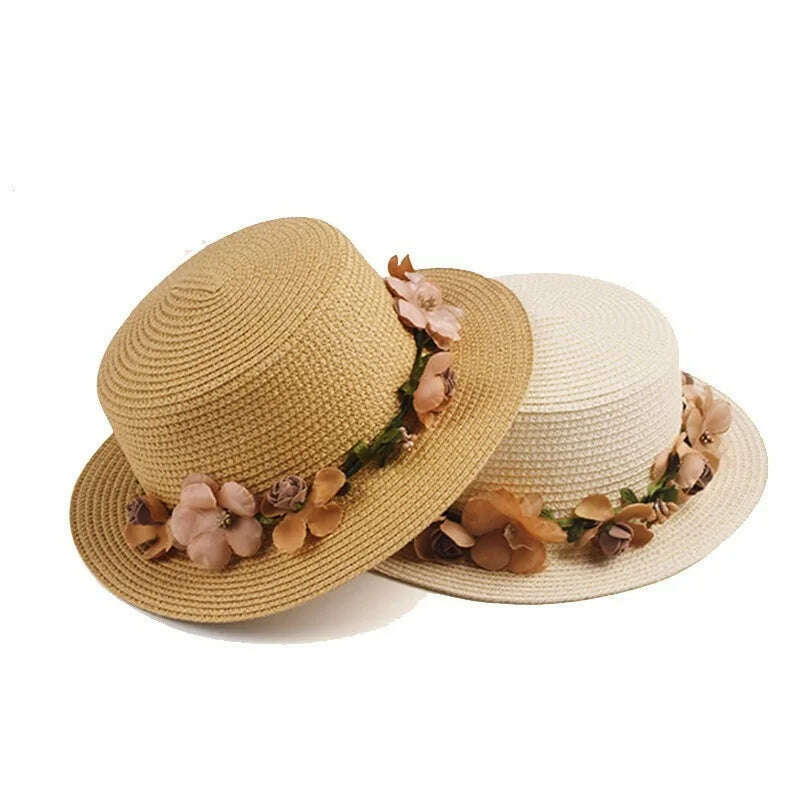 Simple Parent-child Summer New Women's Sun Hat Bucket cap beige lace Bowknot Flowers Ribbon Flat top Straw Hat Beach Caps Panama - KIMLUD