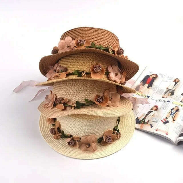 Simple Parent-child Summer New Women's Sun Hat Bucket cap beige lace Bowknot Flowers Ribbon Flat top Straw Hat Beach Caps Panama - KIMLUD