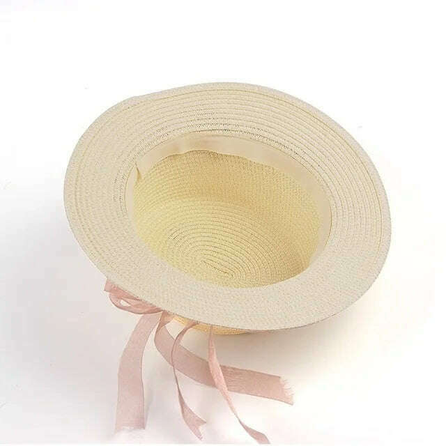 Simple Parent-child Summer New Women's Sun Hat Bucket cap beige lace Bowknot Flowers Ribbon Flat top Straw Hat Beach Caps Panama - KIMLUD