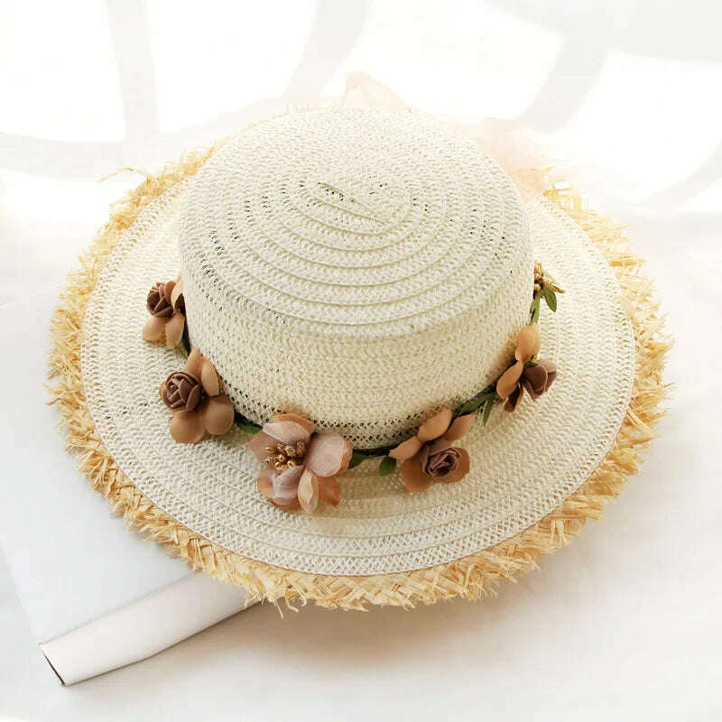 Simple Parent-child Summer New Women's Sun Hat Bucket cap beige lace Bowknot Flowers Ribbon Flat top Straw Hat Beach Caps Panama - KIMLUD