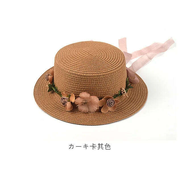 Simple Parent-child Summer New Women's Sun Hat Bucket cap beige lace Bowknot Flowers Ribbon Flat top Straw Hat Beach Caps Panama - KIMLUD