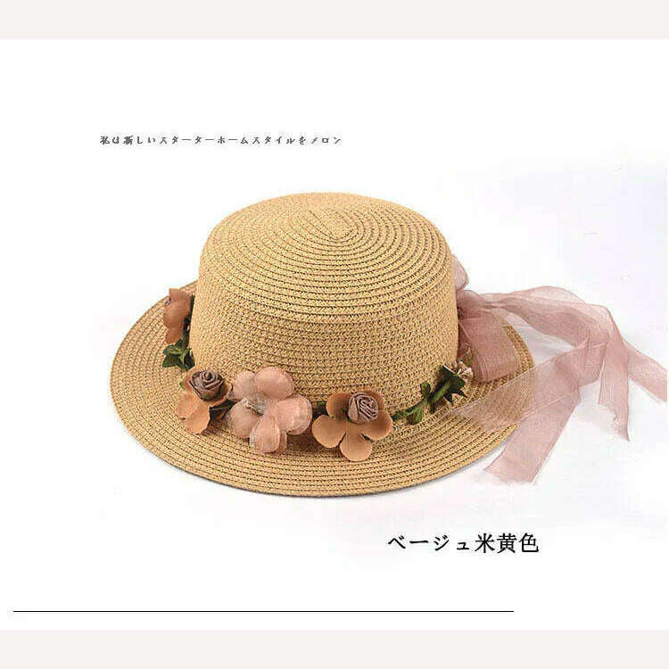 KIMLUD, Simple Parent-child Summer New Women's Sun Hat Bucket cap beige lace Bowknot Flowers Ribbon Flat top Straw Hat Beach Caps Panama, 02khaki / Women 56-58Cm, KIMLUD APPAREL - Womens Clothes