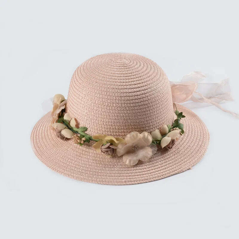 KIMLUD, Simple Parent-child Summer New Women's Sun Hat Bucket cap beige lace Bowknot Flowers Ribbon Flat top Straw Hat Beach Caps Panama, 01pink / Women 56-58Cm, KIMLUD APPAREL - Womens Clothes