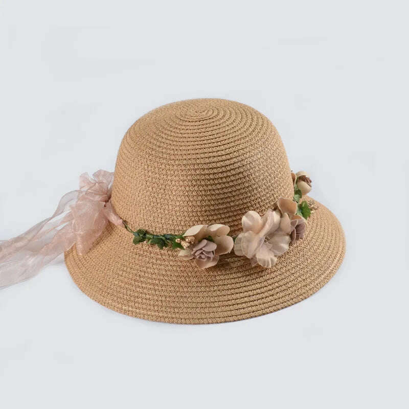 KIMLUD, Simple Parent-child Summer New Women's Sun Hat Bucket cap beige lace Bowknot Flowers Ribbon Flat top Straw Hat Beach Caps Panama, 01khaki / Women 56-58Cm, KIMLUD APPAREL - Womens Clothes