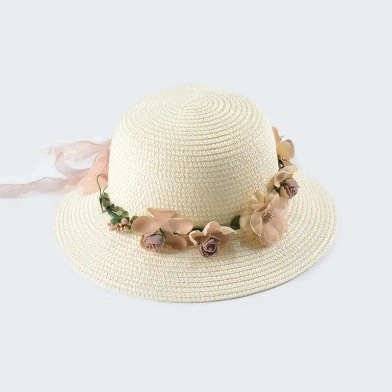 KIMLUD, Simple Parent-child Summer New Women's Sun Hat Bucket cap beige lace Bowknot Flowers Ribbon Flat top Straw Hat Beach Caps Panama, 01white / Women 56-58Cm, KIMLUD APPAREL - Womens Clothes