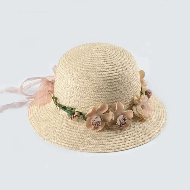 KIMLUD, Simple Parent-child Summer New Women's Sun Hat Bucket cap beige lace Bowknot Flowers Ribbon Flat top Straw Hat Beach Caps Panama, 01beige / Women 56-58Cm, KIMLUD APPAREL - Womens Clothes