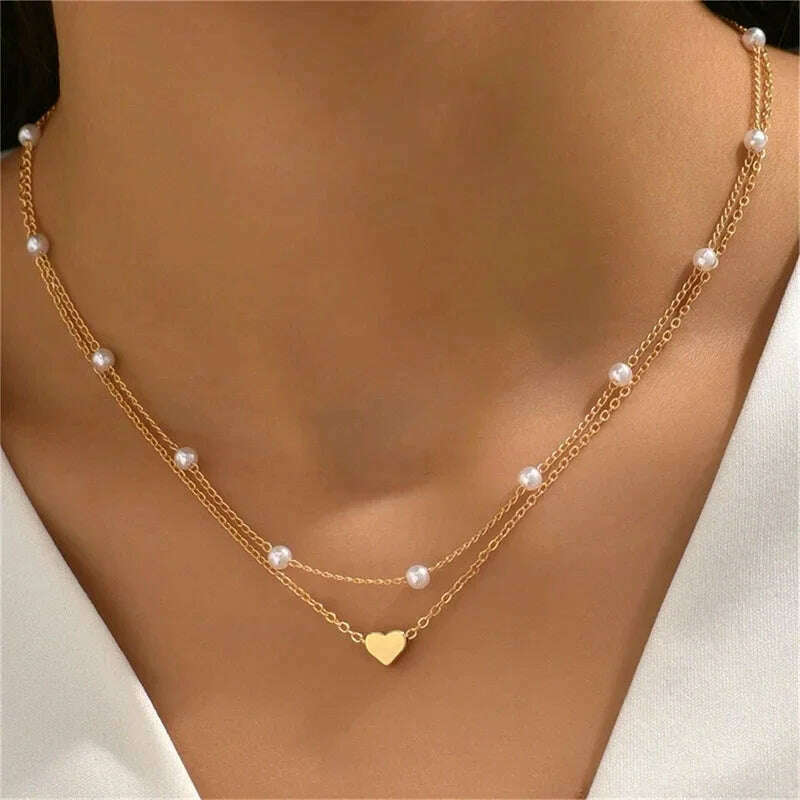 KIMLUD, Simple Pearl Choker Necklaces for Women Fashion Double Layer Chain Small Love Heart Pendant Necklace Jewelry Gift Wholesale, XL859, KIMLUD APPAREL - Womens Clothes