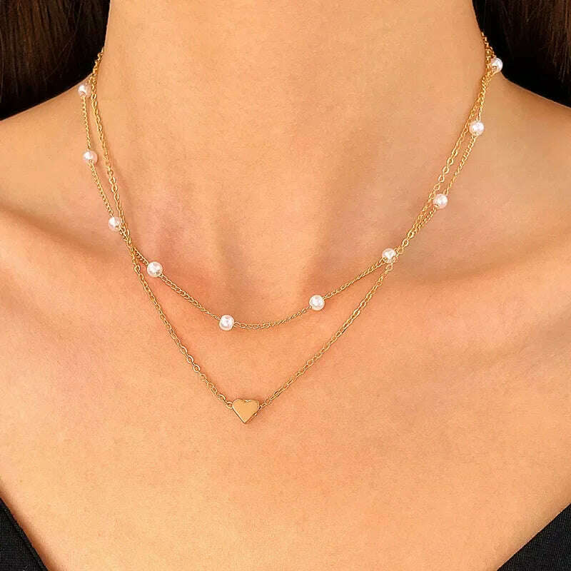 Simple Pearl Choker Necklaces for Women Fashion Double Layer Chain Small Love Heart Pendant Necklace Jewelry Gift Wholesale - KIMLUD