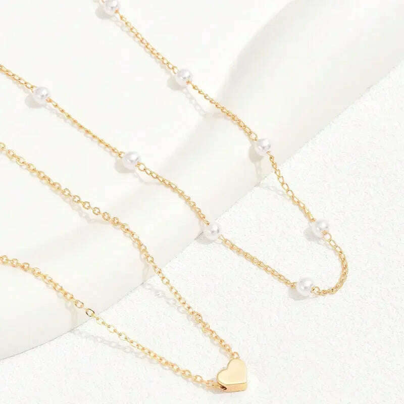 Simple Pearl Choker Necklaces for Women Fashion Double Layer Chain Small Love Heart Pendant Necklace Jewelry Gift Wholesale - KIMLUD