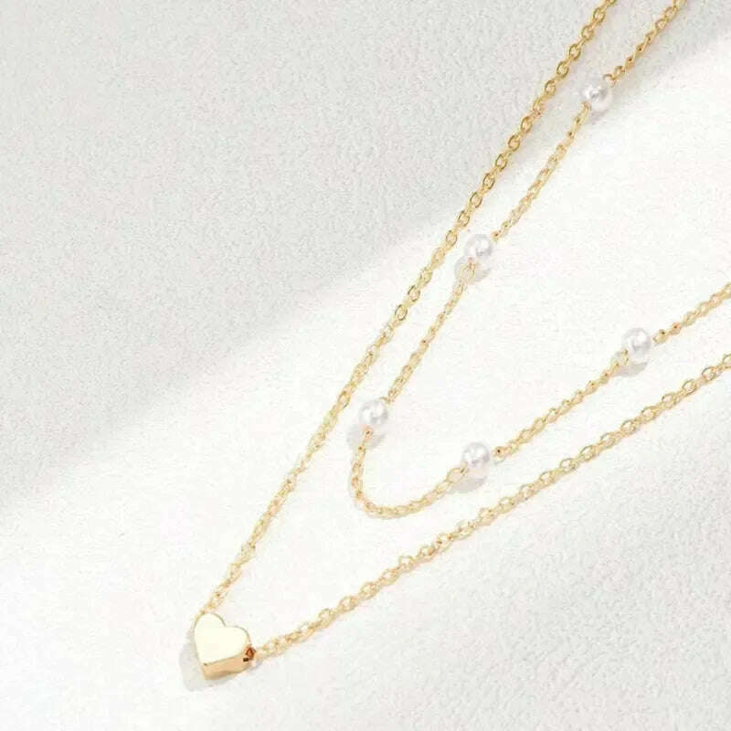 Simple Pearl Choker Necklaces for Women Fashion Double Layer Chain Small Love Heart Pendant Necklace Jewelry Gift Wholesale - KIMLUD