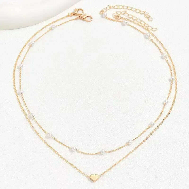 Simple Pearl Choker Necklaces for Women Fashion Double Layer Chain Small Love Heart Pendant Necklace Jewelry Gift Wholesale - KIMLUD