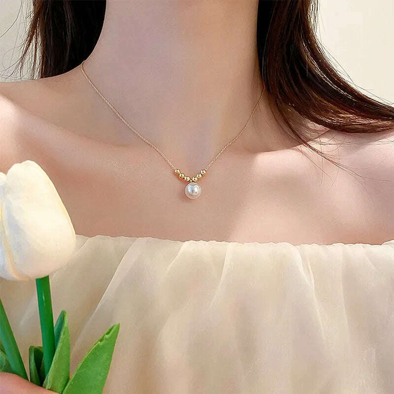 Simple Pearl Choker Necklaces for Women Fashion Double Layer Chain Small Love Heart Pendant Necklace Jewelry Gift Wholesale - KIMLUD