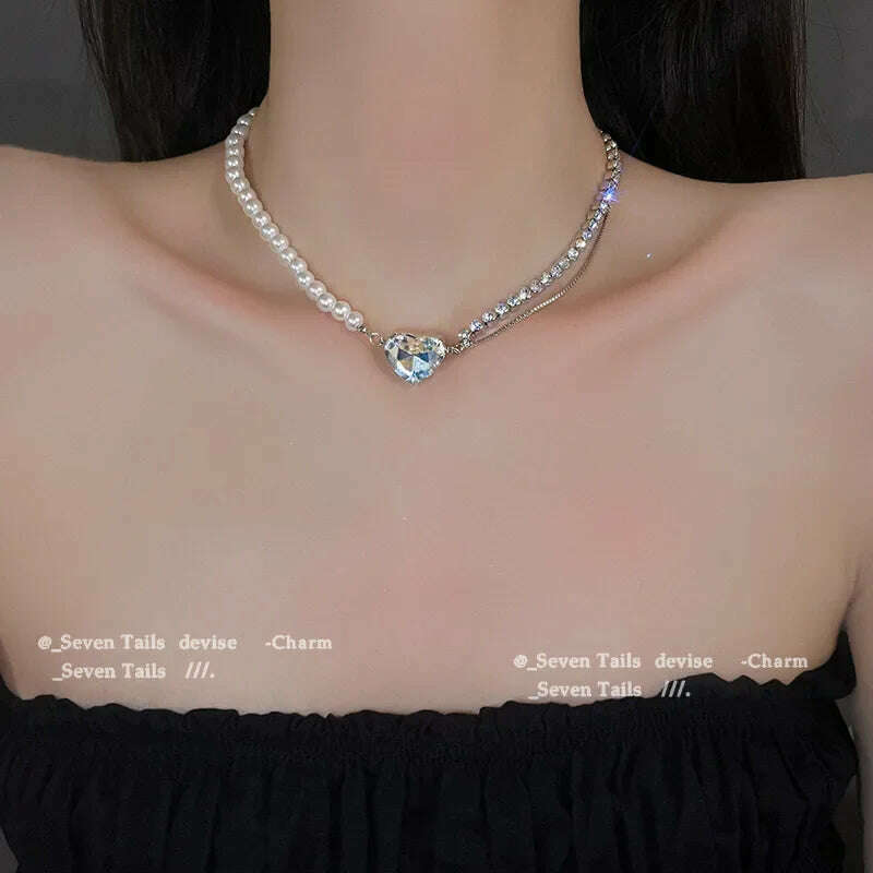 Simple Pearl Choker Necklaces for Women Fashion Double Layer Chain Small Love Heart Pendant Necklace Jewelry Gift Wholesale - KIMLUD