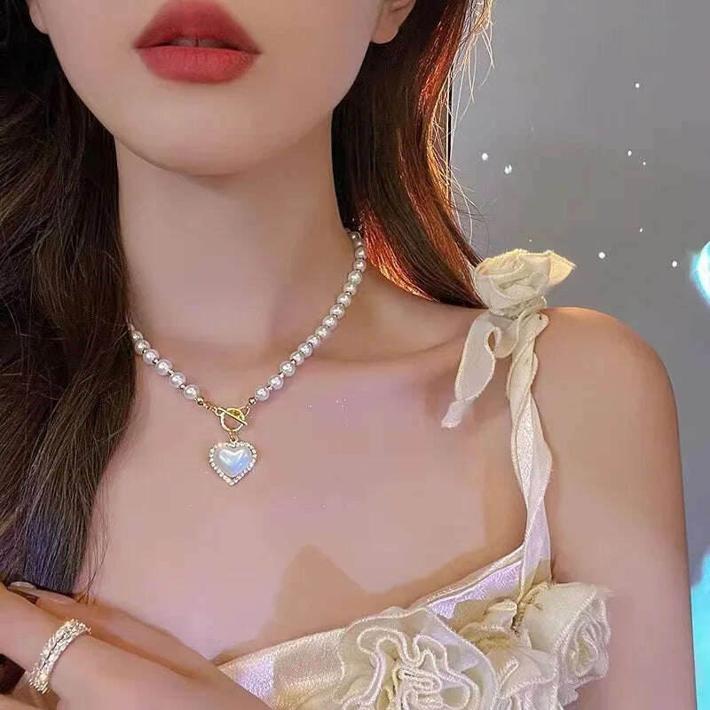 Simple Pearl Choker Necklaces for Women Fashion Double Layer Chain Small Love Heart Pendant Necklace Jewelry Gift Wholesale - KIMLUD