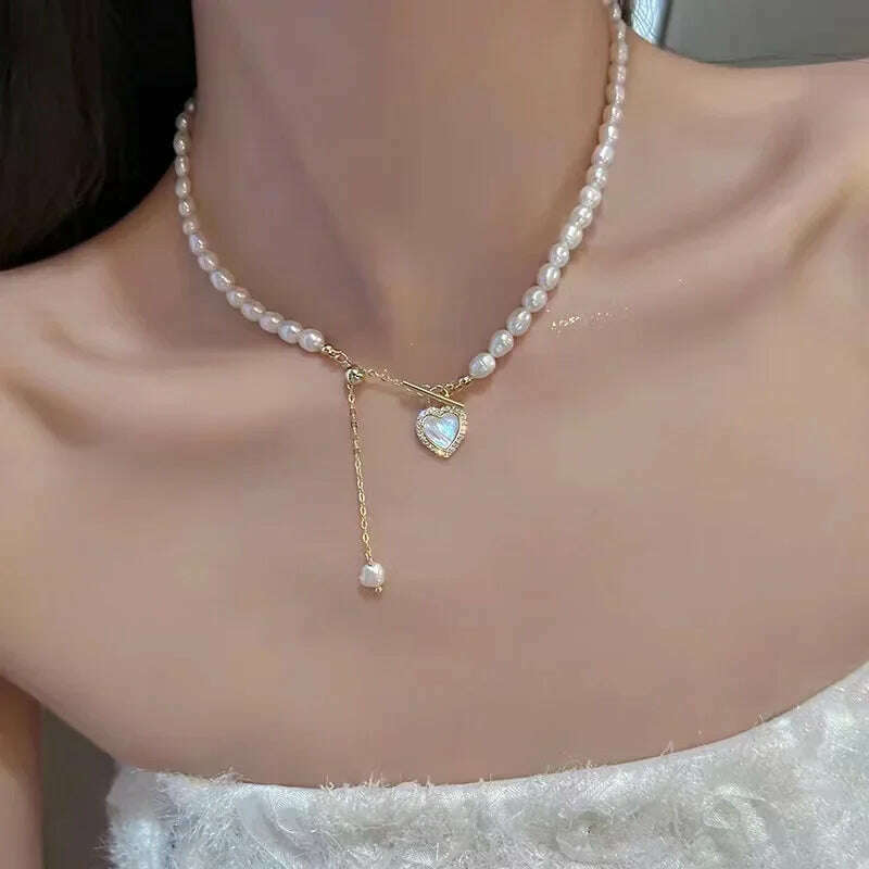 Simple Pearl Choker Necklaces for Women Fashion Double Layer Chain Small Love Heart Pendant Necklace Jewelry Gift Wholesale - KIMLUD