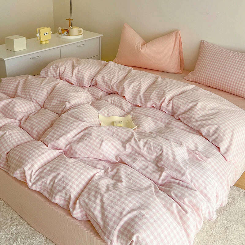 KIMLUD, Simple Pink Stripe Bedding Set Washed Cotton Bed Flat Sheet Pillowcase Full Queen Bed Linen Adult Kids Duvet Cover Set No Filler, KIMLUD Womens Clothes