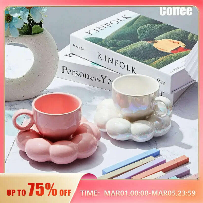 KIMLUD, Simple Sunflower Coffee Mug Set Office Home Macaroon Series Coffee Ceramic Cups and Saucers Pink Pearl White Creative Cute Cup, KIMLUD Womens Clothes