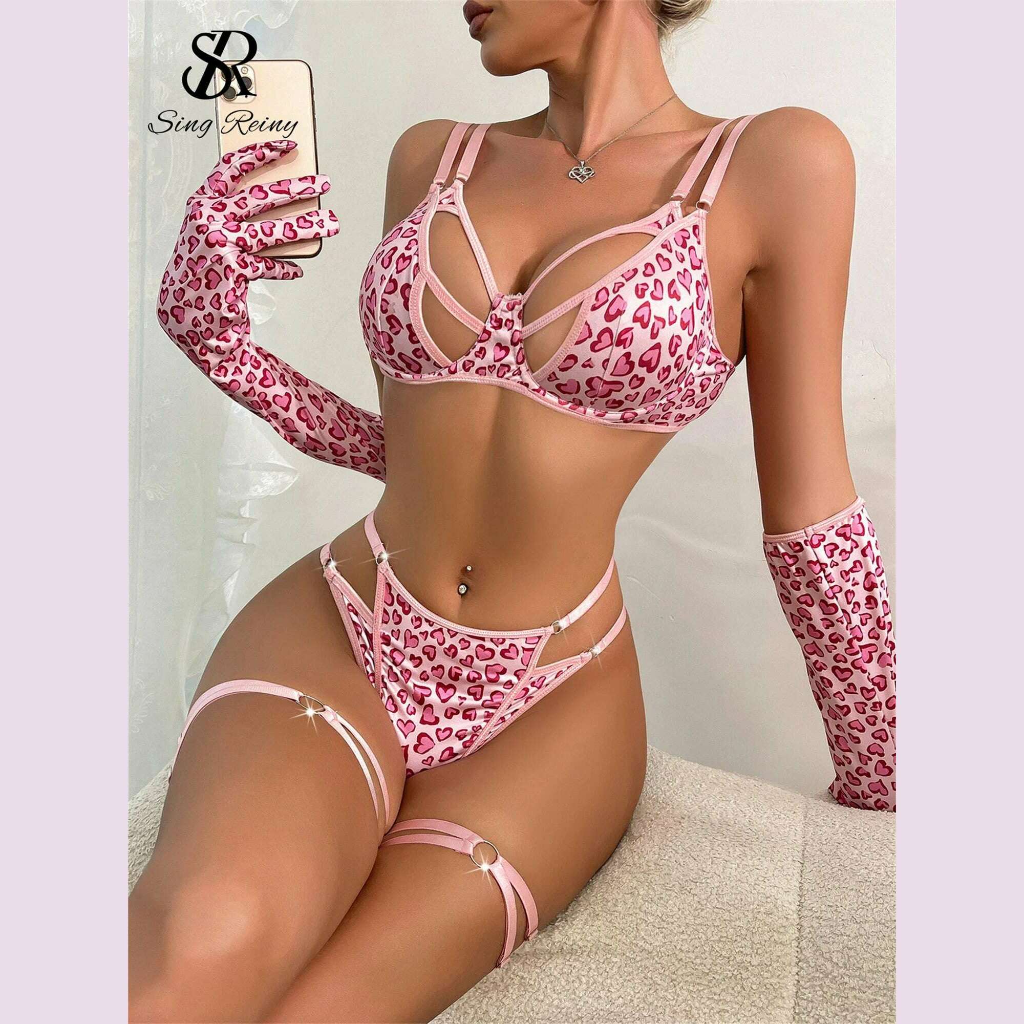 SINGREINY Erotic Lingerie Hollow Out Splice Love Print Mini Bra+Thongs+Glove 3-Piece Suits Women Sheer Porn Sexy Underwear Sets - KIMLUD