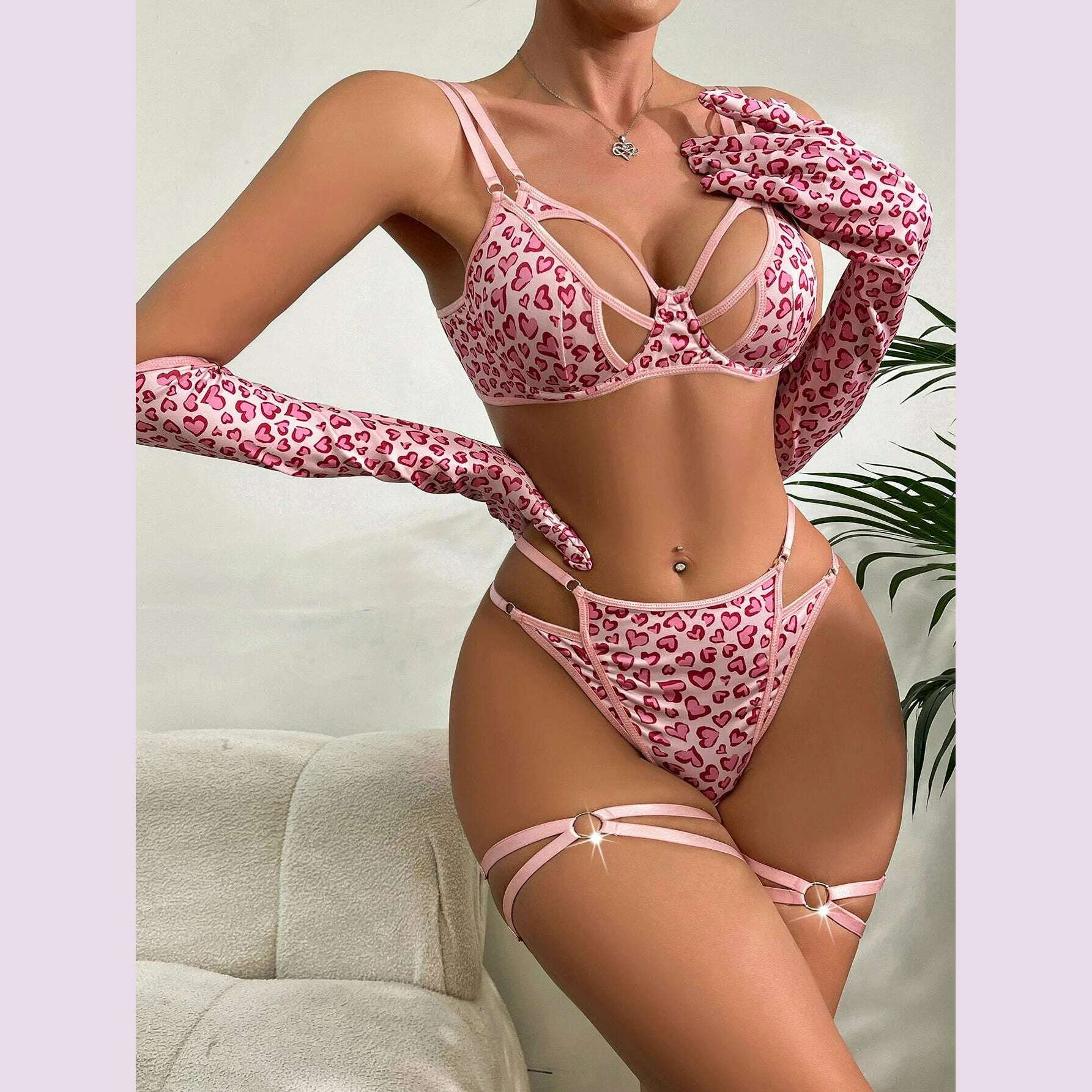 KIMLUD, SINGREINY Erotic Lingerie Hollow Out Splice Love Print Mini Bra+Thongs+Glove 3-Piece Suits Women Sheer Porn Sexy Underwear Sets, KIMLUD Womens Clothes