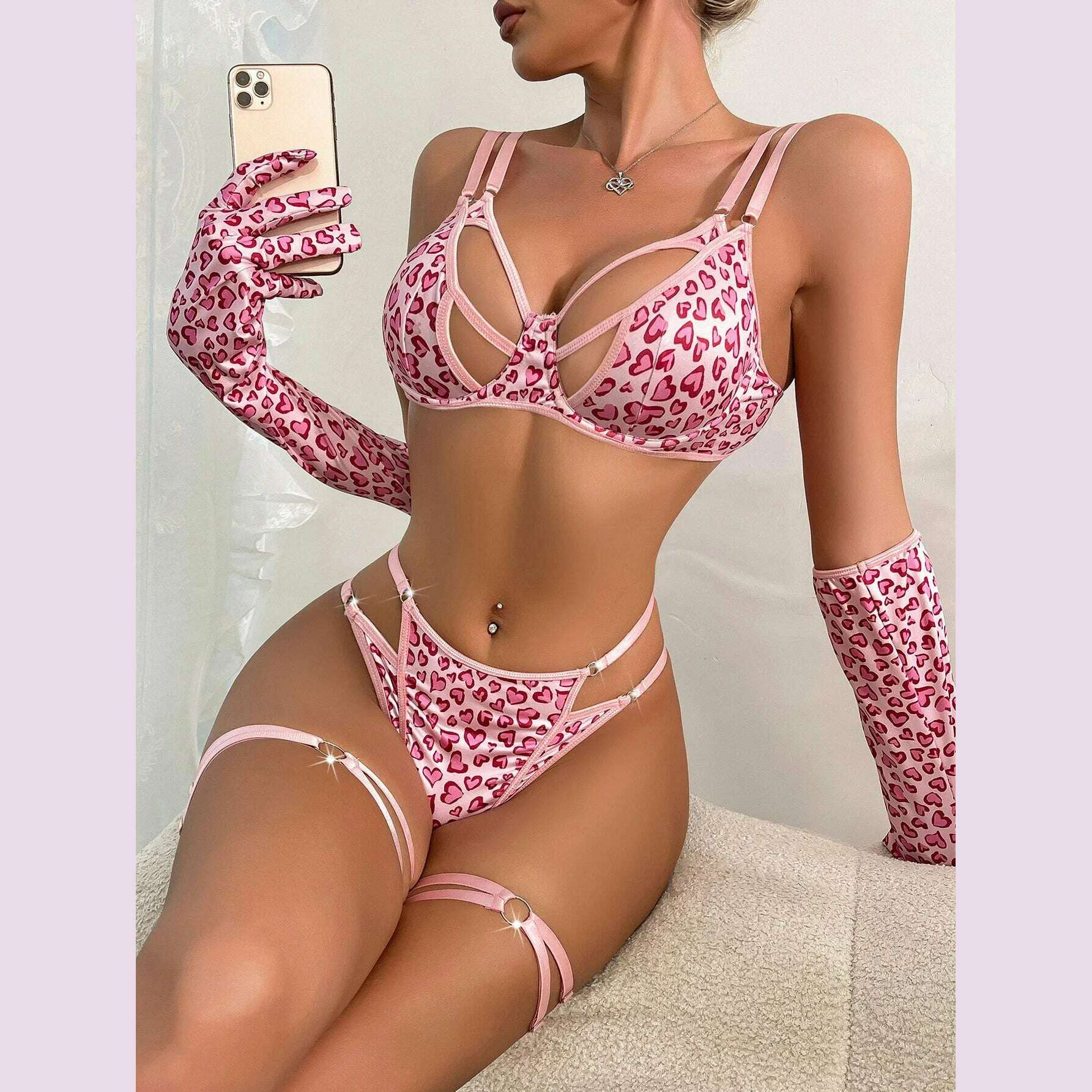 SINGREINY Erotic Lingerie Hollow Out Splice Love Print Mini Bra+Thongs+Glove 3-Piece Suits Women Sheer Porn Sexy Underwear Sets - KIMLUD