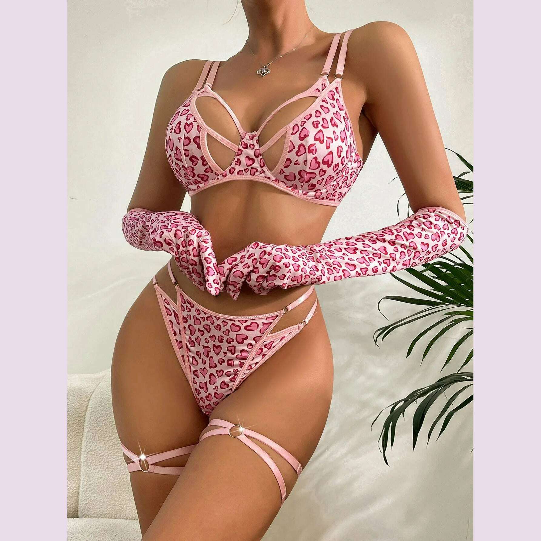 KIMLUD, SINGREINY Erotic Lingerie Hollow Out Splice Love Print Mini Bra+Thongs+Glove 3-Piece Suits Women Sheer Porn Sexy Underwear Sets, KIMLUD Womens Clothes