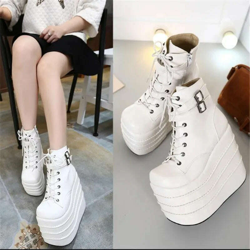 KIMLUD, Size 35-41 Botas Mujer Plataforma Winter Womens Boots Punk Style White Wedge High Heel Boots Lace Up Wedge Platform Boots, KIMLUD Womens Clothes