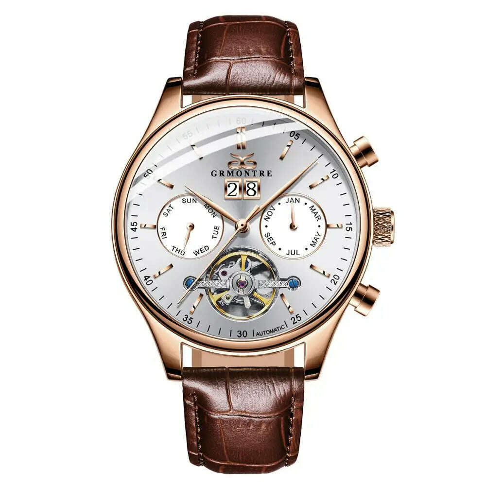 KIMLUD, Skeleton Tourbillon Mechanical Watch Men Automatic Classic Rose Gold Leather Mechanical Wrist Watches Reloj Hombre 2018 Luxury, G-6601M Rose White, KIMLUD APPAREL - Womens Clothes