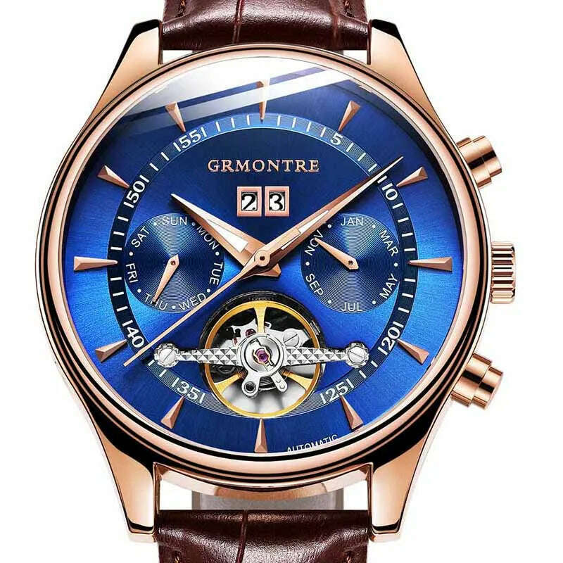 KIMLUD, Skeleton Tourbillon Mechanical Watch Men Automatic Classic Rose Gold Leather Mechanical Wrist Watches Reloj Hombre 2018 Luxury, G-8807 Rose Blue, KIMLUD APPAREL - Womens Clothes