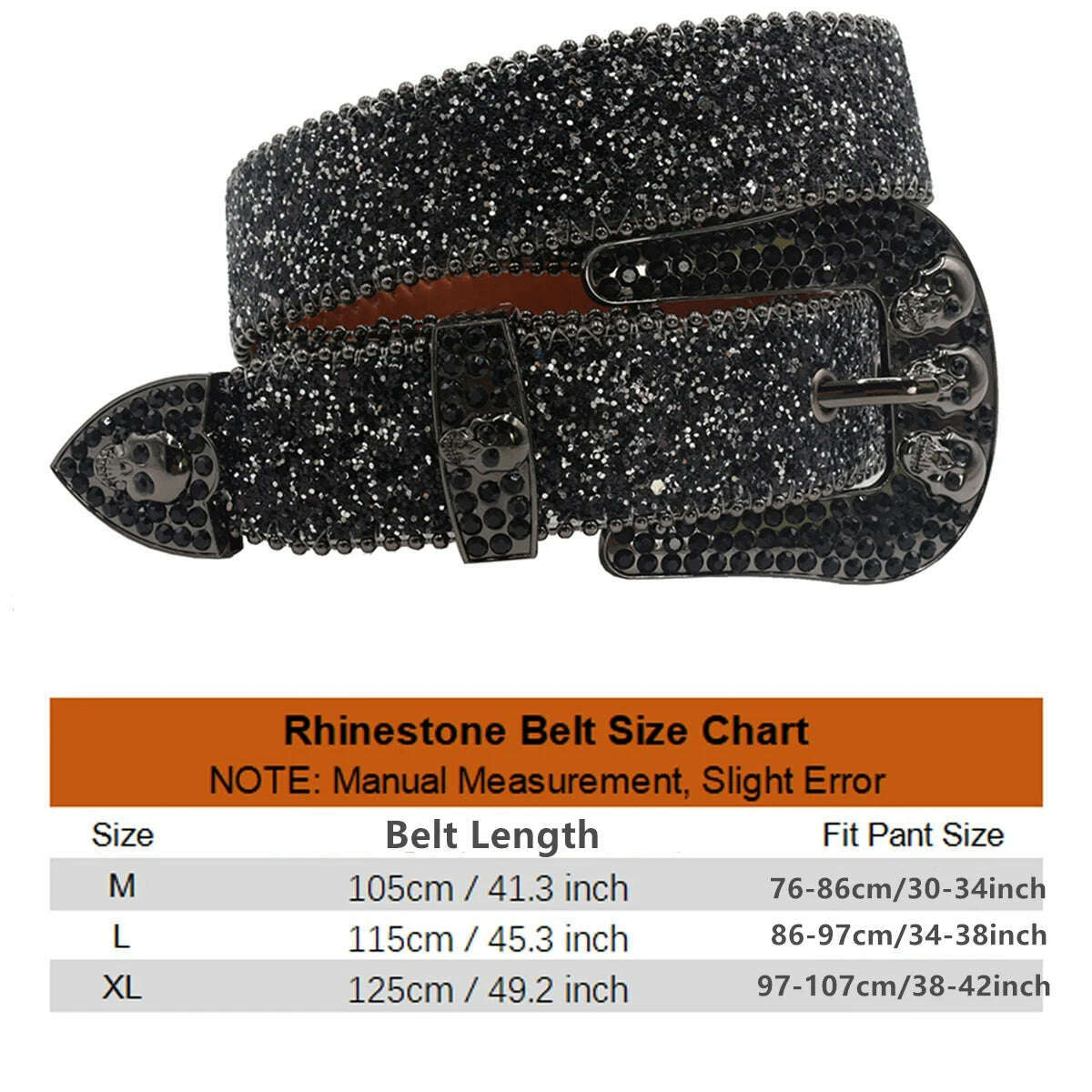 Skull Rhinestone Belts For Women Men Y2K Leather Strap Crystal Studded Western Cowgirl Cowboy Diamond Bling Bling Belt - KIMLUD