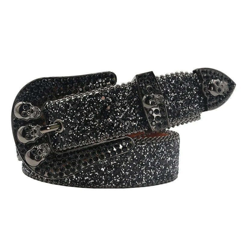 Skull Rhinestone Belts For Women Men Y2K Leather Strap Crystal Studded Western Cowgirl Cowboy Diamond Bling Bling Belt - KIMLUD