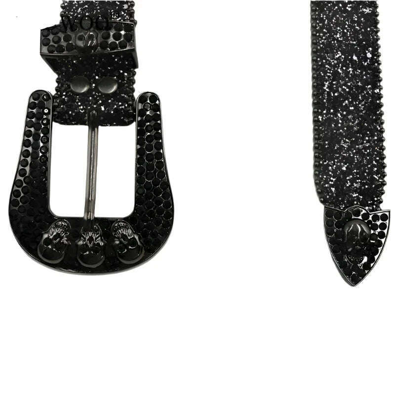 Skull Rhinestone Belts For Women Men Y2K Leather Strap Crystal Studded Western Cowgirl Cowboy Diamond Bling Bling Belt - KIMLUD