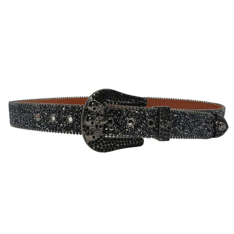 Skull Rhinestone Belts For Women Men Y2K Leather Strap Crystal Studded Western Cowgirl Cowboy Diamond Bling Bling Belt - KIMLUD