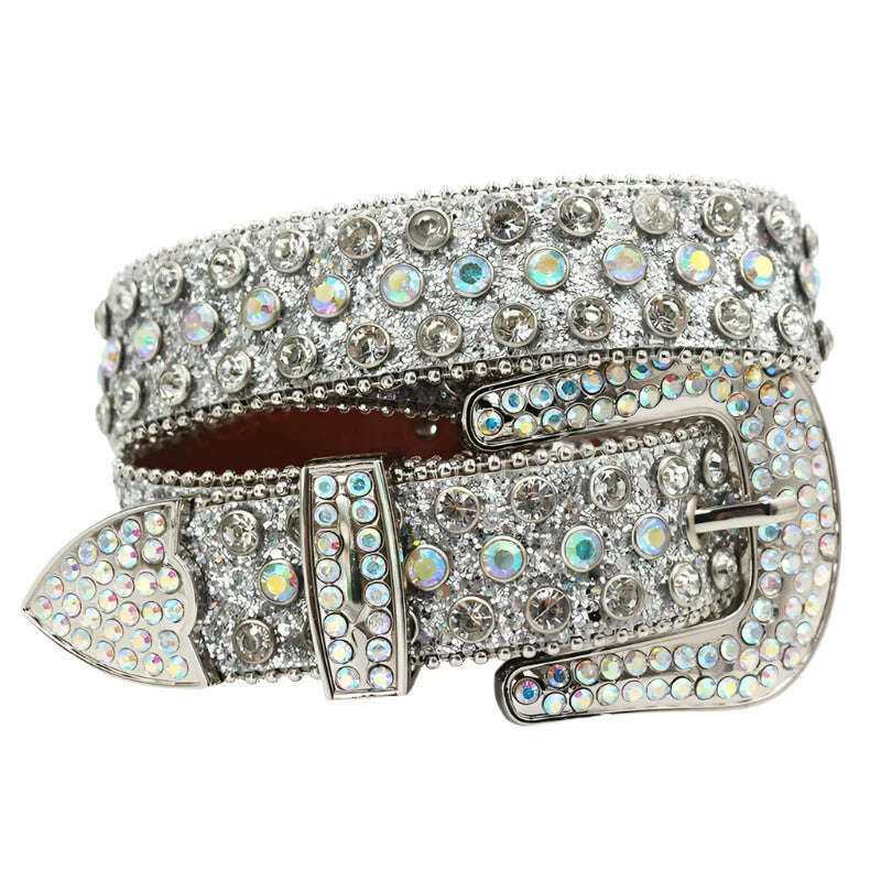 Skull Rhinestone Belts For Women Men Y2K Leather Strap Crystal Studded Western Cowgirl Cowboy Diamond Bling Bling Belt - KIMLUD