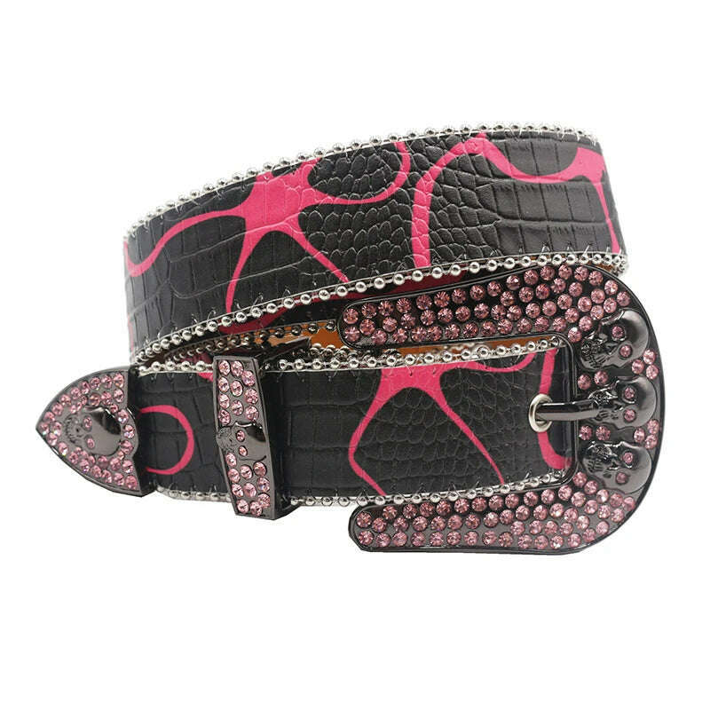 KIMLUD, Skull Rhinestone Belts For Women Men Y2K Leather Strap Crystal Studded Western Cowgirl Cowboy Diamond Bling Bling Belt, HW-Pink / 115CM, KIMLUD APPAREL - Womens Clothes