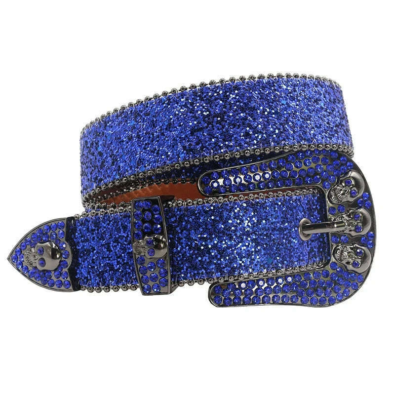 Skull Rhinestone Belts For Women Men Y2K Leather Strap Crystal Studded Western Cowgirl Cowboy Diamond Bling Bling Belt - KIMLUD