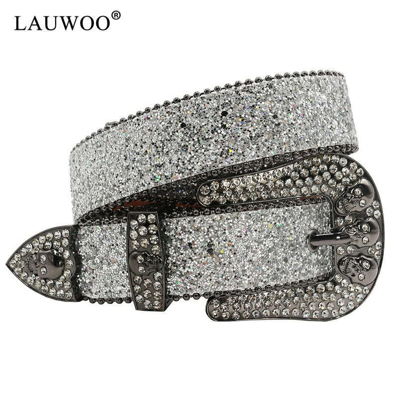 KIMLUD, Skull Rhinestone Belts For Women Men Y2K Leather Strap Crystal Studded Western Cowgirl Cowboy Diamond Bling Bling Belt, Silver / 115CM, KIMLUD APPAREL - Womens Clothes