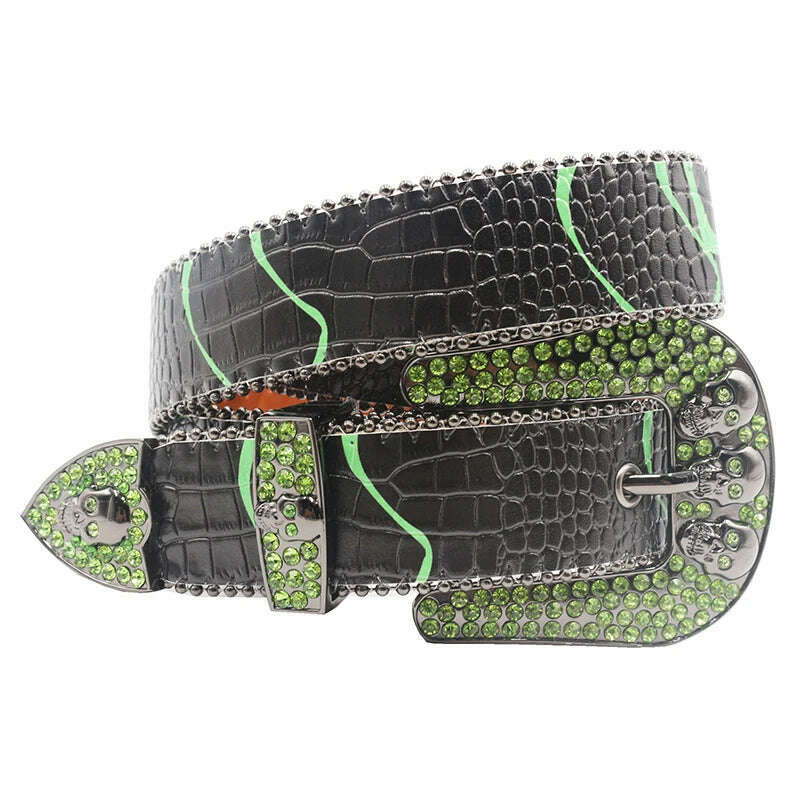 KIMLUD, Skull Rhinestone Belts For Women Men Y2K Leather Strap Crystal Studded Western Cowgirl Cowboy Diamond Bling Bling Belt, HW-Green / 125cm, KIMLUD APPAREL - Womens Clothes