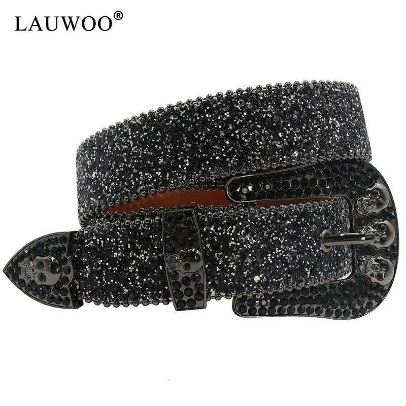 Skull Rhinestone Belts For Women Men Y2K Leather Strap Crystal Studded Western Cowgirl Cowboy Diamond Bling Bling Belt - KIMLUD