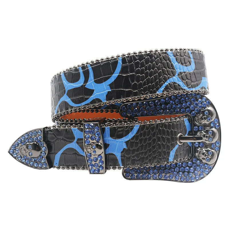 KIMLUD, Skull Rhinestone Belts For Women Men Y2K Leather Strap Crystal Studded Western Cowgirl Cowboy Diamond Bling Bling Belt, HW-Blue / 115CM, KIMLUD APPAREL - Womens Clothes