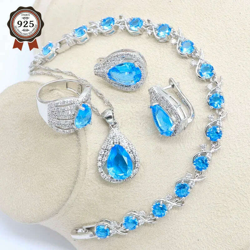 KIMLUD, Sky Blue White Topaz 925 Sterling Silver Bridal Jewelry Sets For Women Earrings Necklace Ring Pendant Bracelets, KIMLUD Womens Clothes