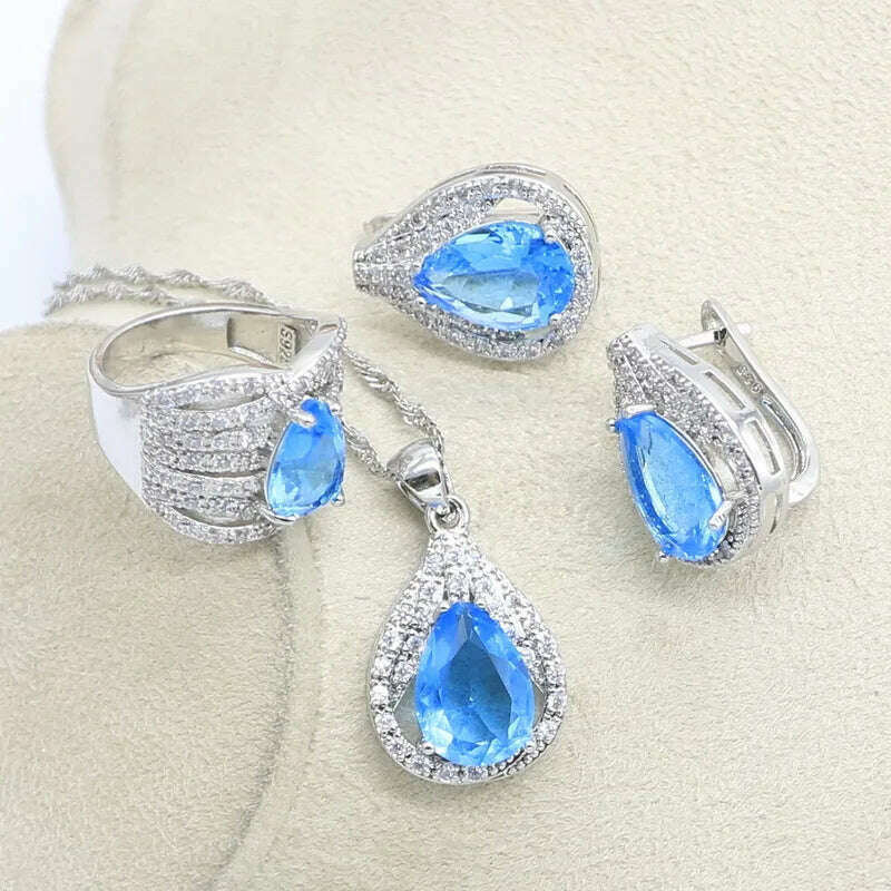 Sky Blue White Topaz 925 Sterling Silver Bridal Jewelry Sets For Women Earrings Necklace Ring Pendant Bracelets - KIMLUD