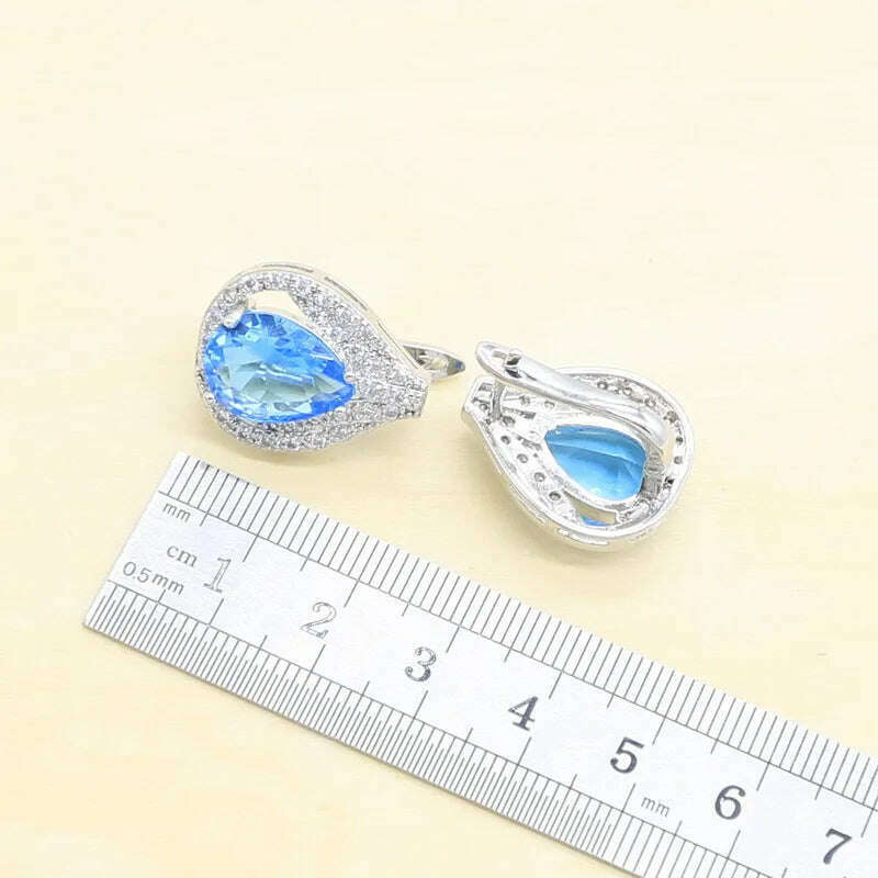 Sky Blue White Topaz 925 Sterling Silver Bridal Jewelry Sets For Women Earrings Necklace Ring Pendant Bracelets - KIMLUD